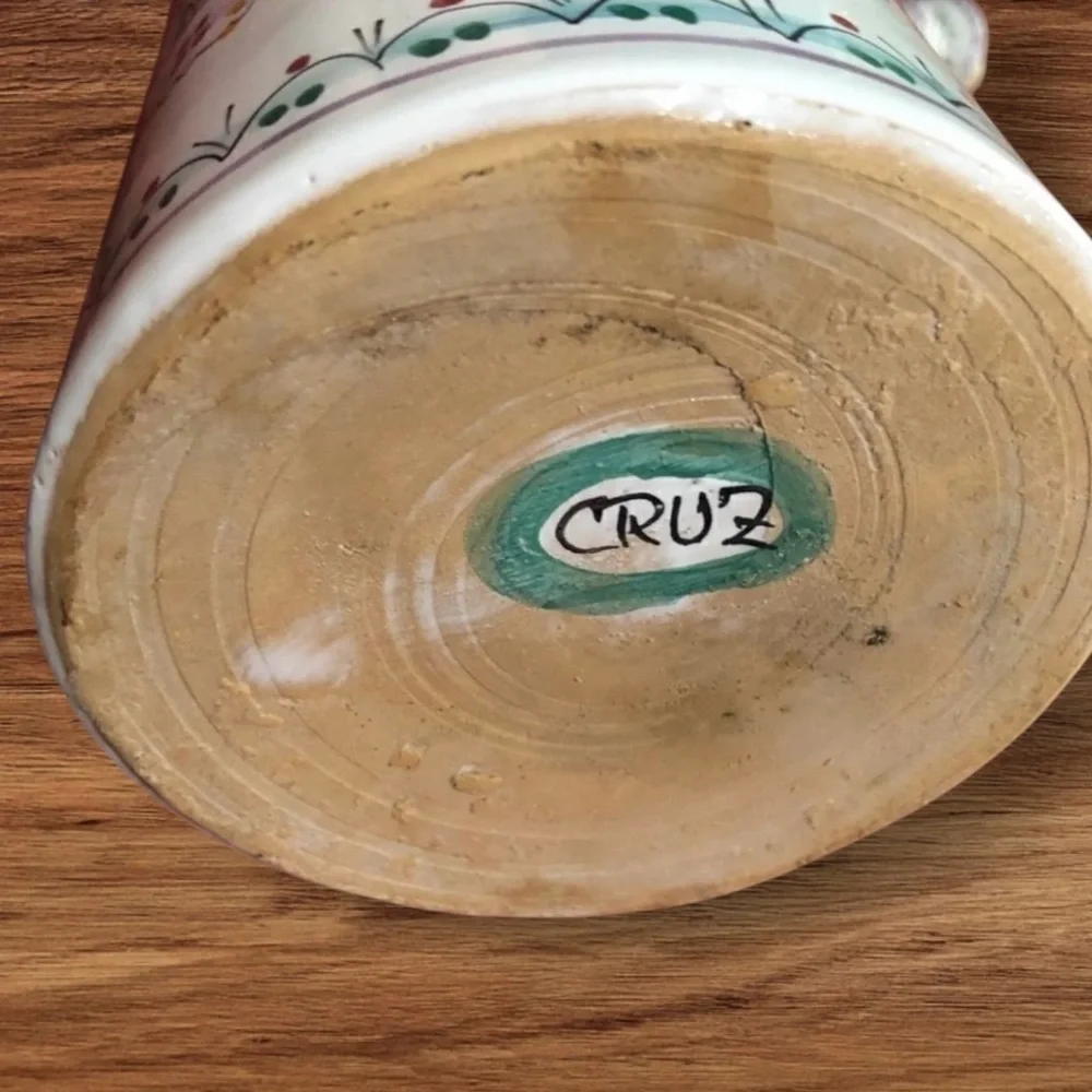 Vintage RARE CRUZ Spain Bohemian Floral Hand Painted Set Shot 6 Cups & Bottle